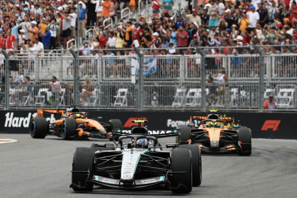 Mercedes driver Andrea Kimi Antonelli leads McLaren's Lando Norris on track during the 2026 F1 Miami Grand Prix