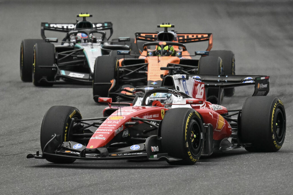 Ferrari driver Charles Leclerc leads McLaren's Lando Norris and Mercedes' Andrea Kimi Antonelli on track during the 2026 F1 Miami Grand Prix