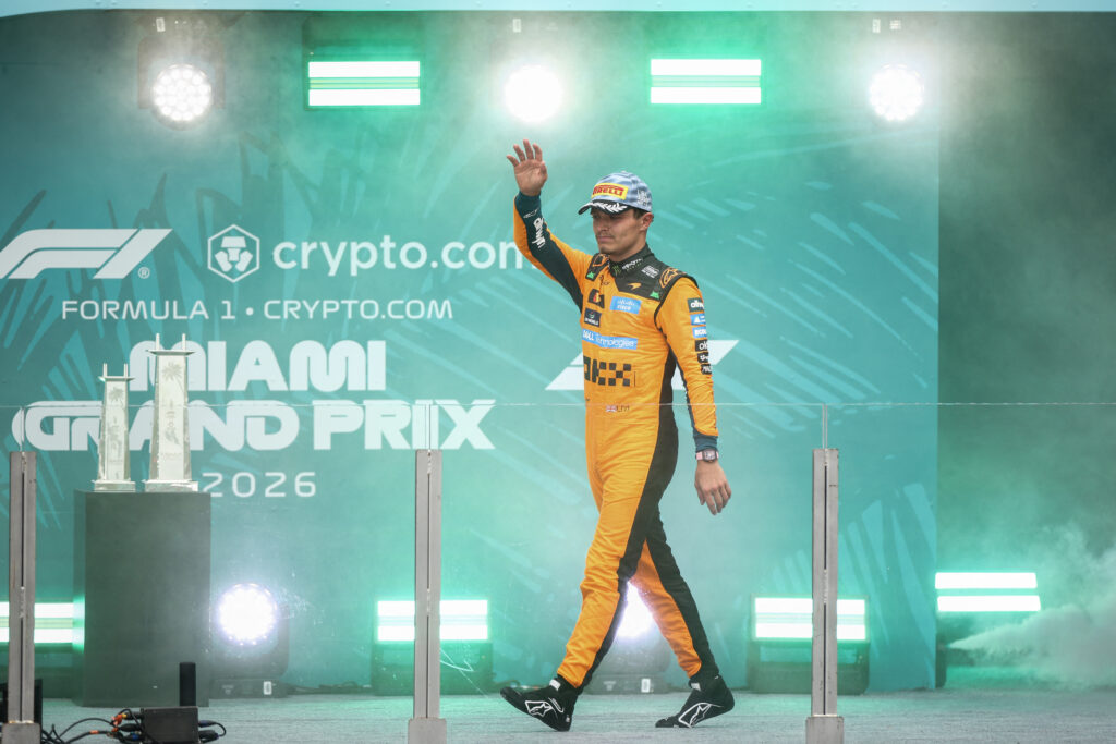 Second placed Lando Norris of Great Britain and McLaren on the podium with his trophy during the F1 Grand Prix of Miami at Miami International Autodrome on May 03, 2026 in Miami, Florida.