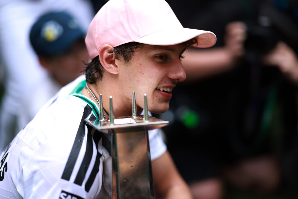 Mercedes driver Andrea Kimi Antonelli poses for the team photo after winning the 2026 F1 Miami Grand Prix