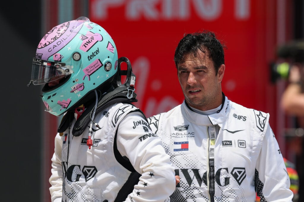 Valtteri Bottas and Sergio Perez of Cadillac in parc ferme
