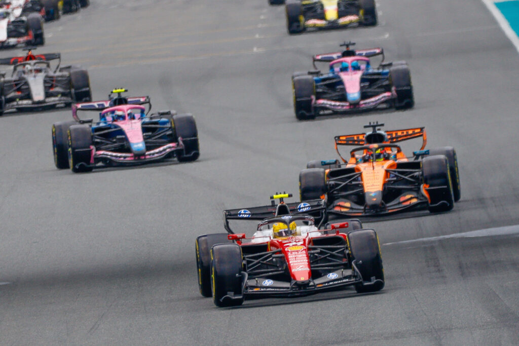 Ferrari driver Lewis Hamilton pulls away from the grid before the 2026 F1 Miami Grand Prix