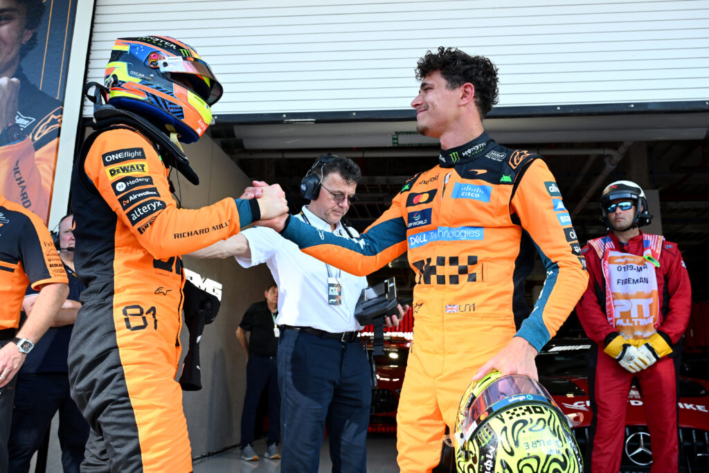 Sprint Pole qualifier Lando Norris of Great Britain and McLaren and Sprint 3rd qualifier Oscar Piastri of Australia and McLaren congratulate each other in parc ferme during Sprint Qualifying ahead of the F1 Grand Prix of Miami at Miami International Autodrome on May 01, 2026 in Miami, Florida.