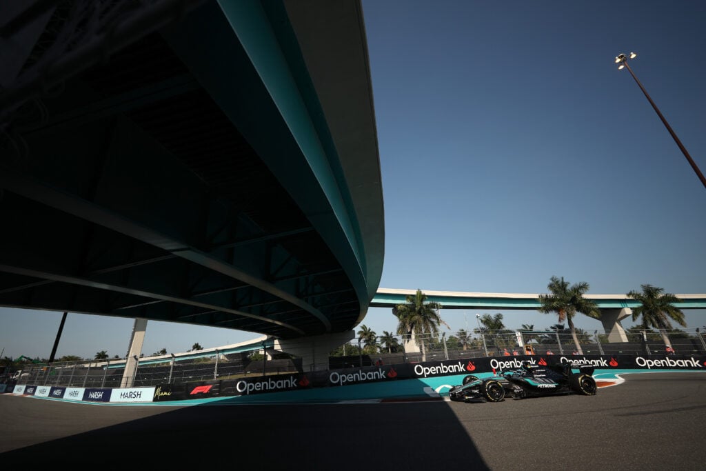 Mercedes driver George Russell on track during Sprint Qualifying at the 2026 F1 Miami Grand Prix