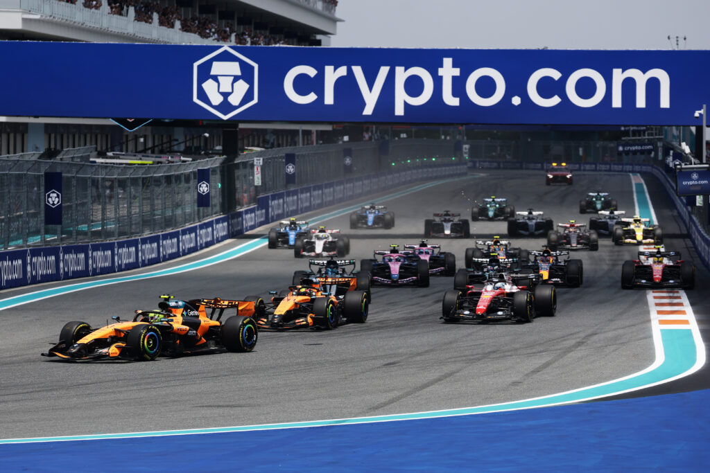 McLaren driver Lando Norris leads the start of the F1 Sprint at the 2026 Miami Grand Prix