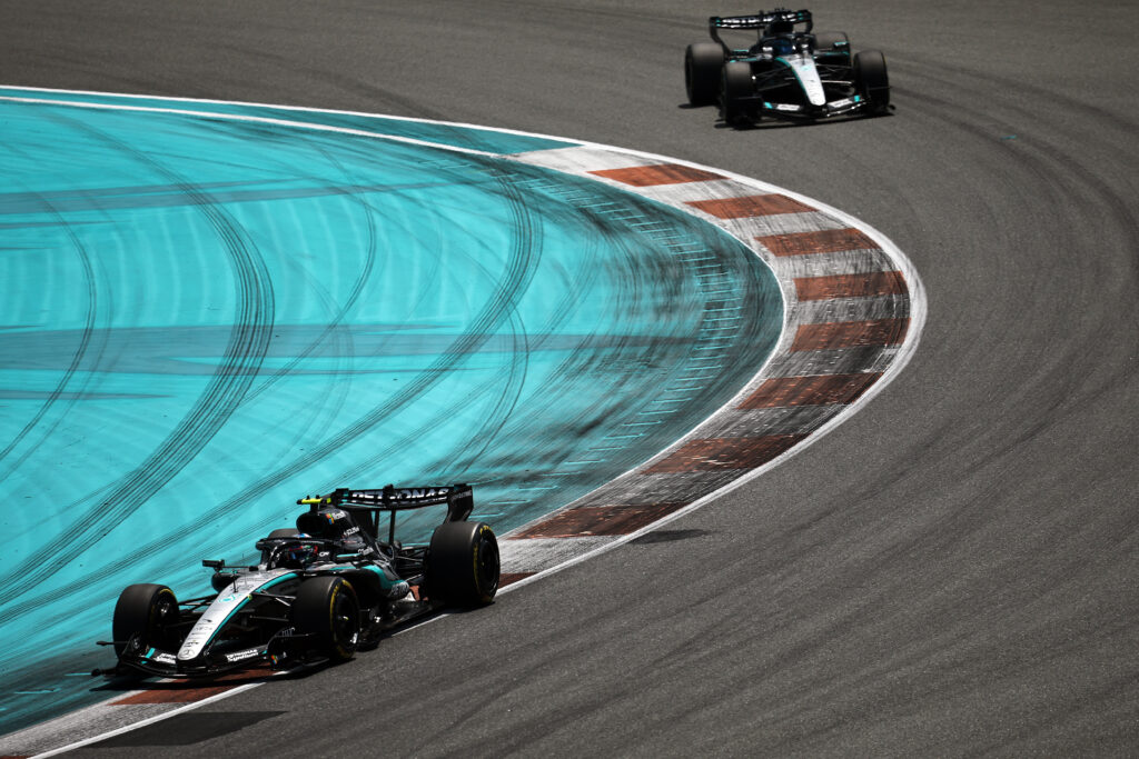 Mercedes drivers Andrea Kimi Antonelli and George Russell on track during the F1 Sprint at the 2026 Miami Grand Prix