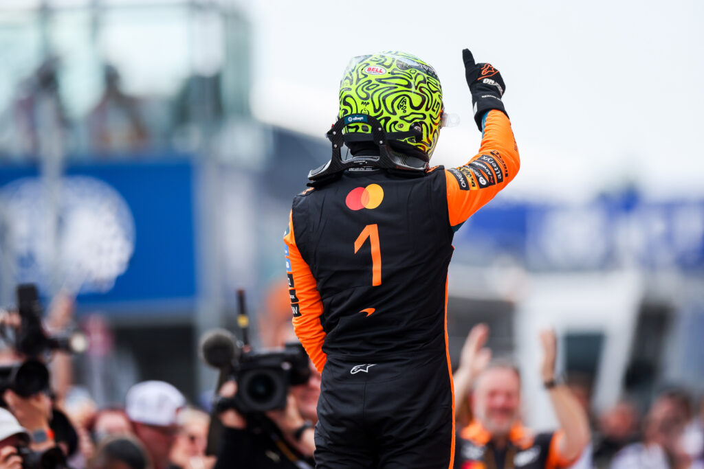 Sprint winner Lando Norris of Great Britain and McLaren celebrates in parc ferme during the Sprint ahead of the F1 Grand Prix of Miami at Miami International Autodrome on May 02, 2026 in Miami, Florida.