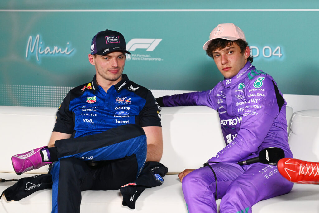 Pole position qualifier Andrea Kimi Antonelli of Italy and Mercedes AMG Petronas F1 Team and Second placed qualifier Max Verstappen of the Netherlands and Oracle Red Bull Racing in the Drivers Press Conference during qualifying ahead of the F1 Grand Prix of Miami at Miami International Autodrome on May 02, 2026 in Miami, Florida.