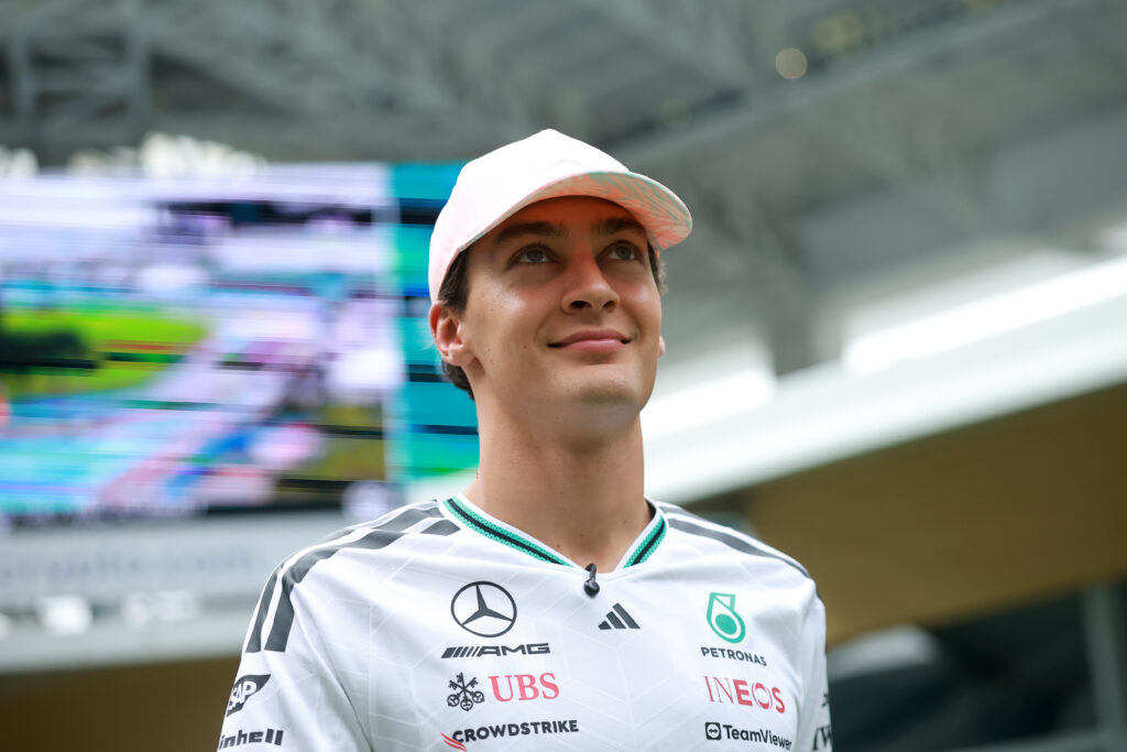 Mercedes driver George Russell in the paddock inside Hard Rock Stadium at the 2026 F1 Miami Grand Prix