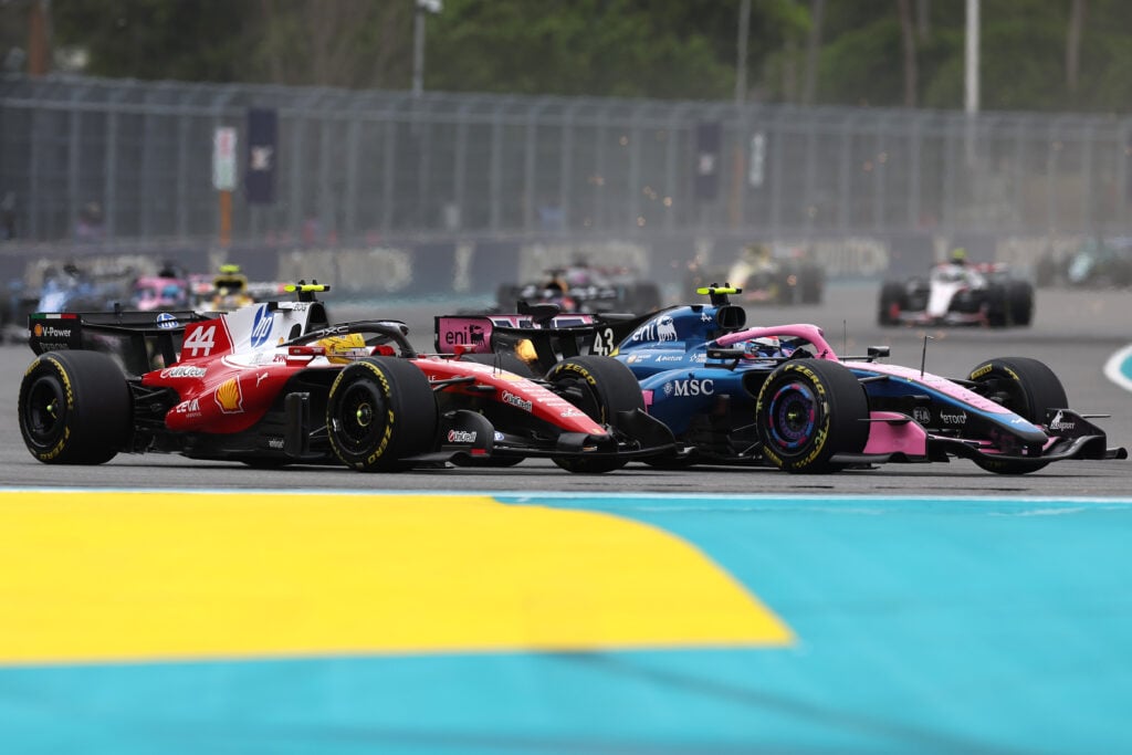 Franco Colapinto of Argentina driving the (43) Alpine F1 A526 Mercedes and Lewis Hamilton of Great Britain driving the (44) Scuderia Ferrari SF-26 battle for track position at the start during the F1 Grand Prix of Miami at Miami International Autodrome on May 03, 2026 in Miami, Florida.