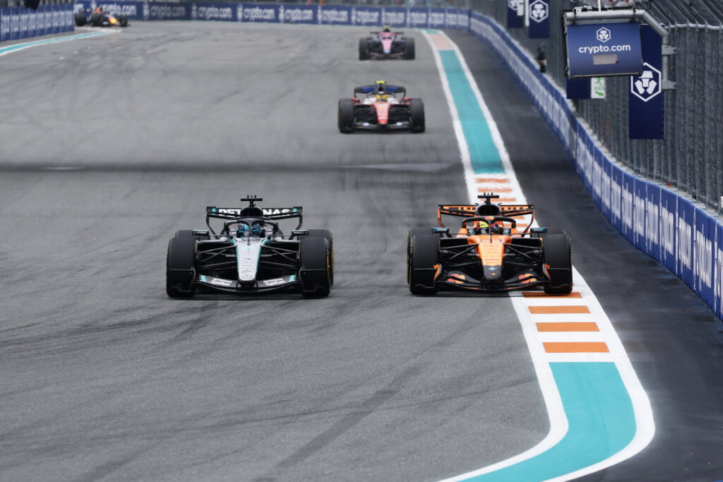 George Russell of Mercedes battles Oscar Piastri of McLaren at the Miami Grand Prix