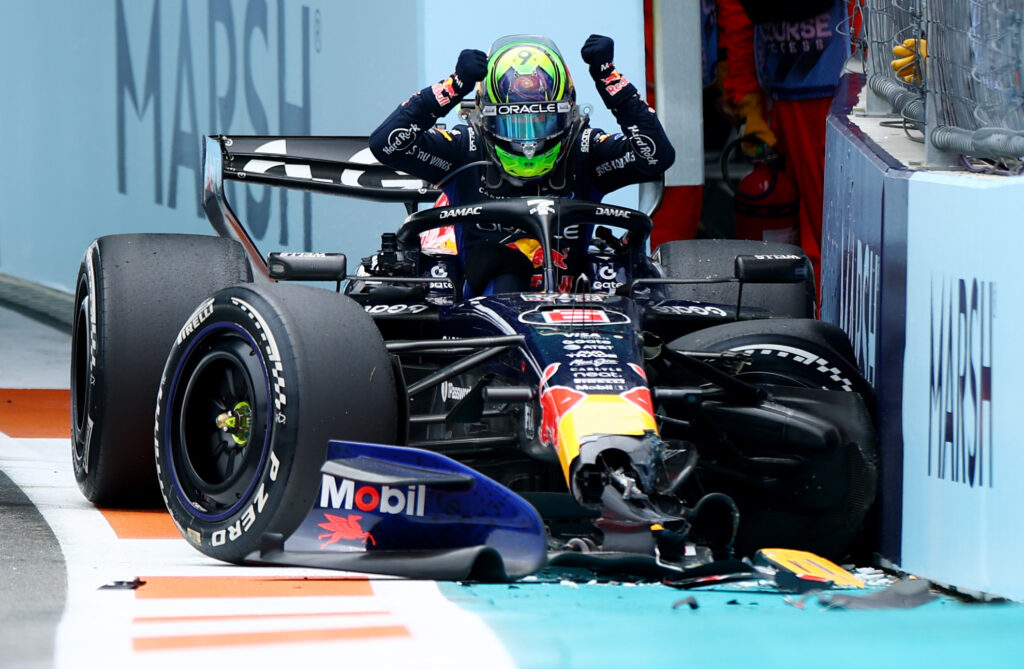 Isack Hadjar gets out of his crashed Red Bull RB22 at the 2026 Miami Grand Prix