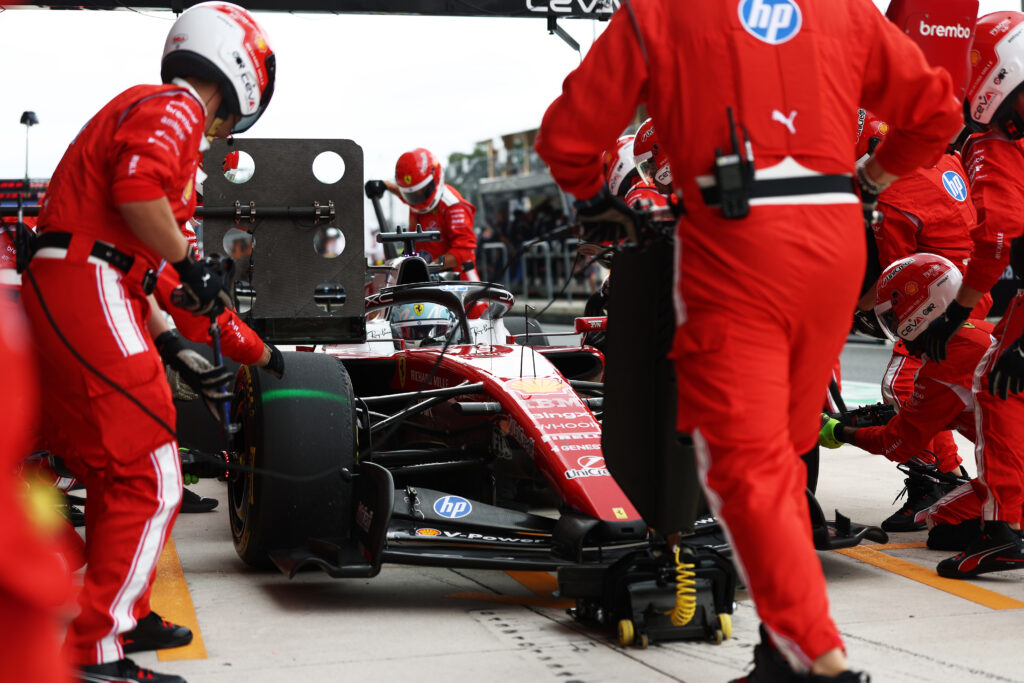 Charles Leclerc of Monaco driving the (16) Scuderia Ferrari SF-26 makes a pitstop during the F1 Grand Prix of Miami at Miami International Autodrome on May 03, 2026 in Miami, Florida.