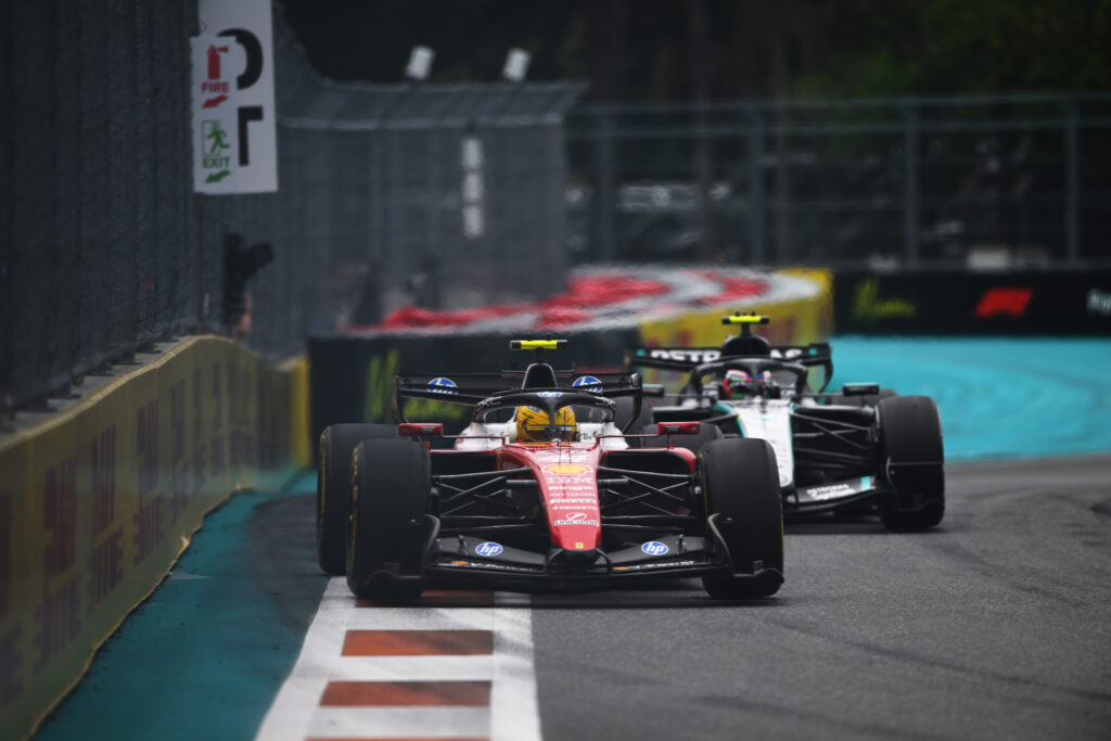 Lewis Hamilton of Great Britain driving the (44) Scuderia Ferrari SF-26 leads Andrea Kimi Antonelli of Italy driving the (12) Mercedes AMG Petronas F1 Team W17 on track during the F1 Grand Prix of Miami at Miami International Autodrome on May 03, 2026 in Miami, Florida.