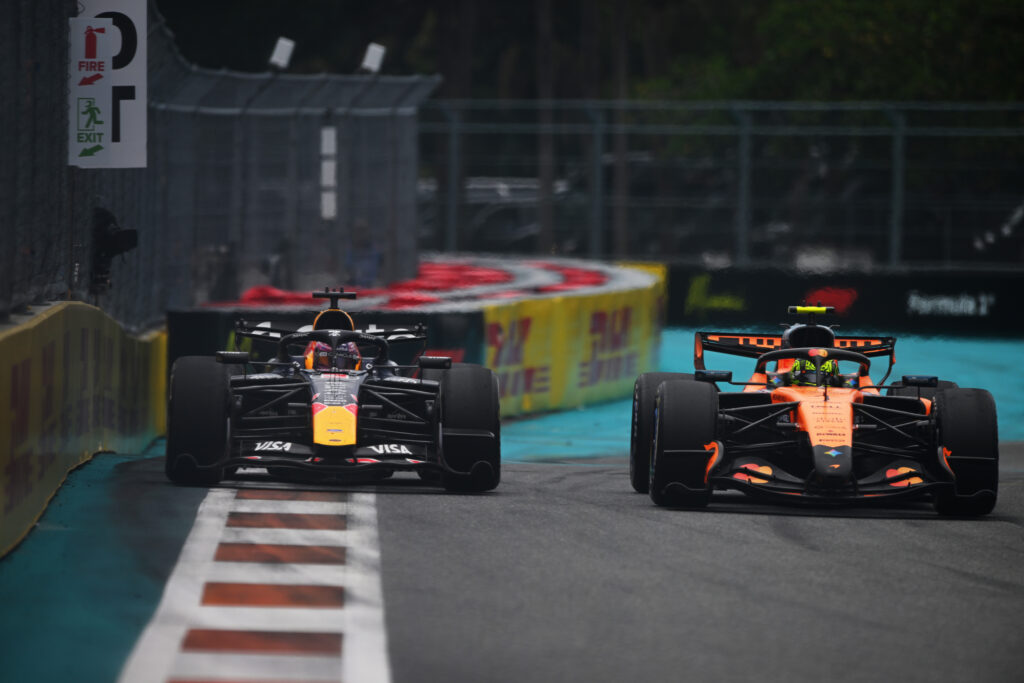 Red Bull driver Max Verstappen battles McLaren's Lando Norris during the 2026 F1 Miami Grand Prix