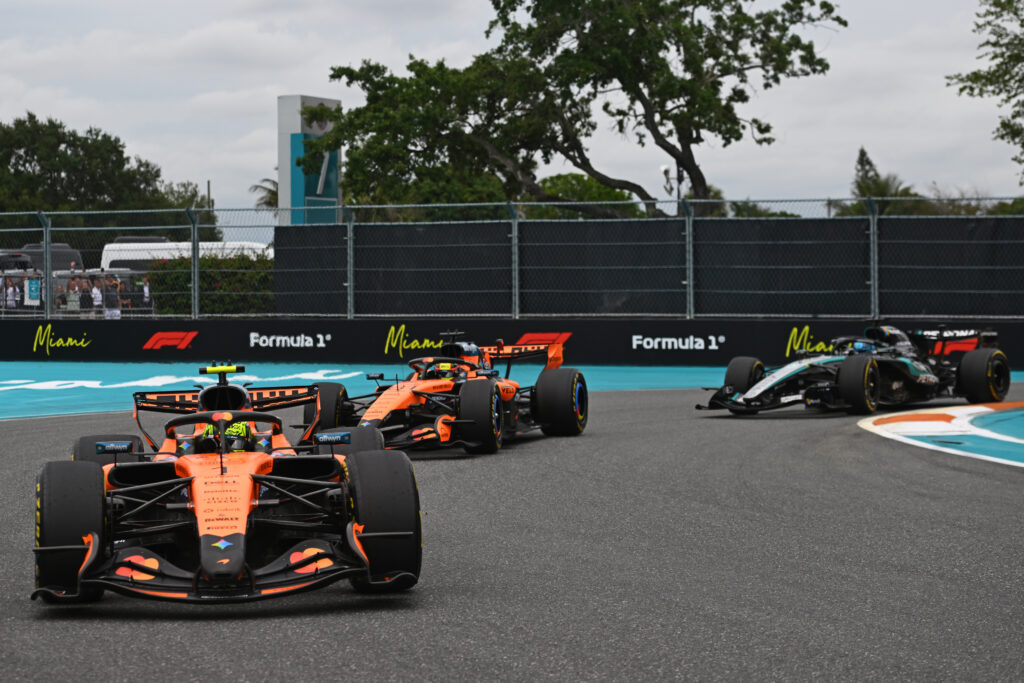 McLaren's Lando Norris leads Oscar Piastri on track during the F1 2026 Miami Grand Prix