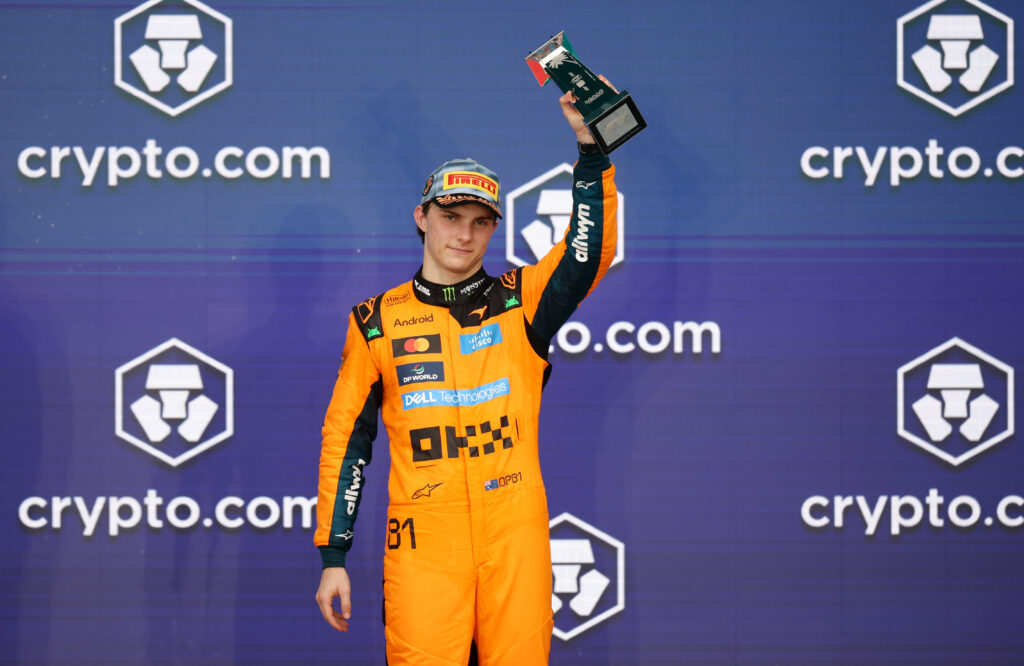 Third placed Oscar Piastri of Australia and McLaren lifts his trophy on the podium during the F1 Grand Prix of Miami at Miami International Autodrome on May 03, 2026 in Miami, Florida.