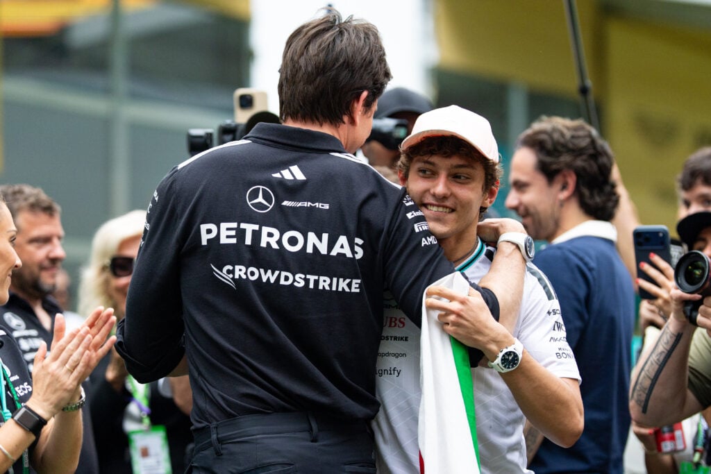 Mercedes team principal Toto Wolff congratulates Andrea Kimi Antonelli after winning the 2026 F1 Miami Grand Prix