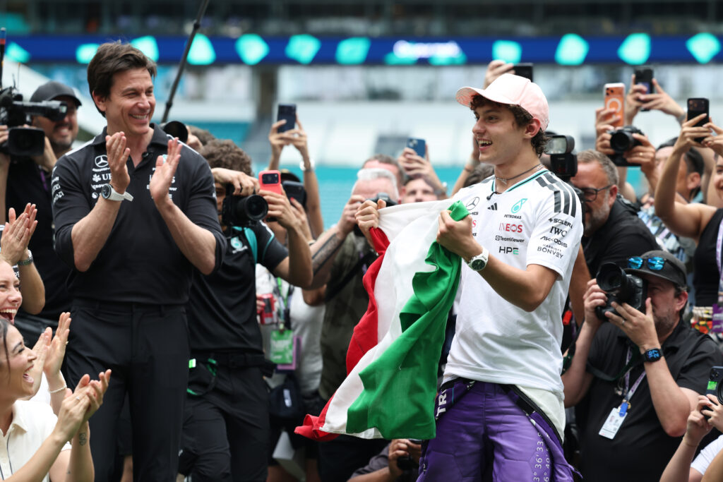 Toto Wolff, Executive Director of Mercedes AMG Petronas F1 Team and Race winner Andrea Kimi Antonelli of Italy and Mercedes AMG Petronas F1 Team celebrate during the F1 Grand Prix of Miami at Miami International Autodrome on May 03, 2026 in Miami, Florida.