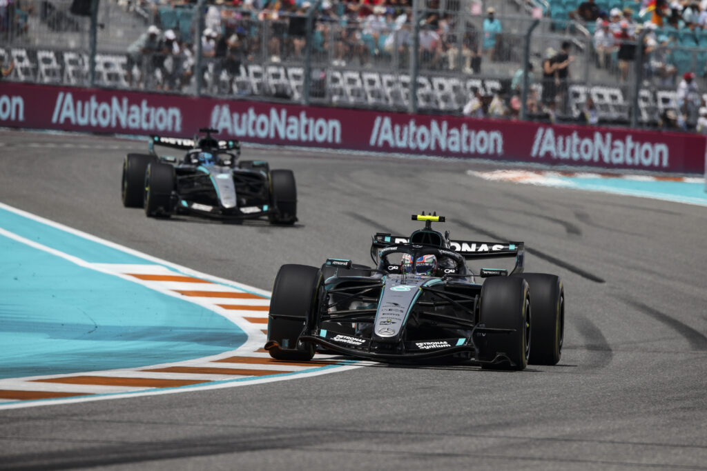 Mercedes driver Andrea Kimi Antonelli leads George Russell on track during the 2026 F1 Miami Grand Prix