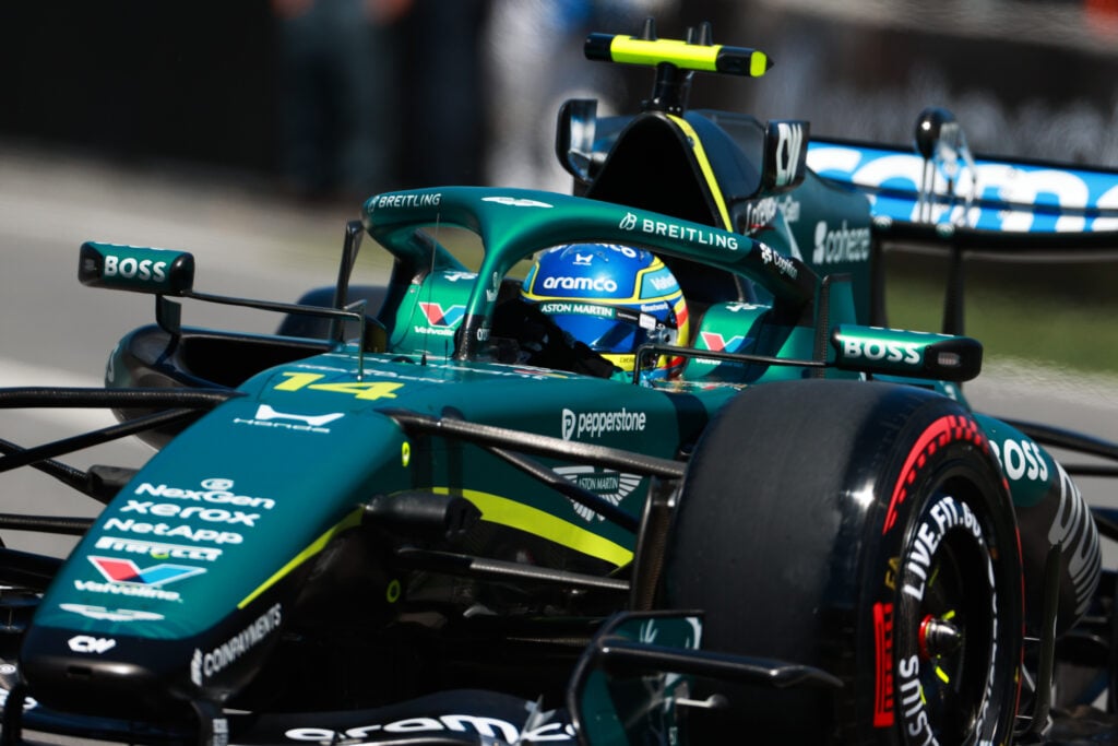 Aston Martin driver Fernando Alonso during Free Practice 1 at the Canadian Grand Prix.