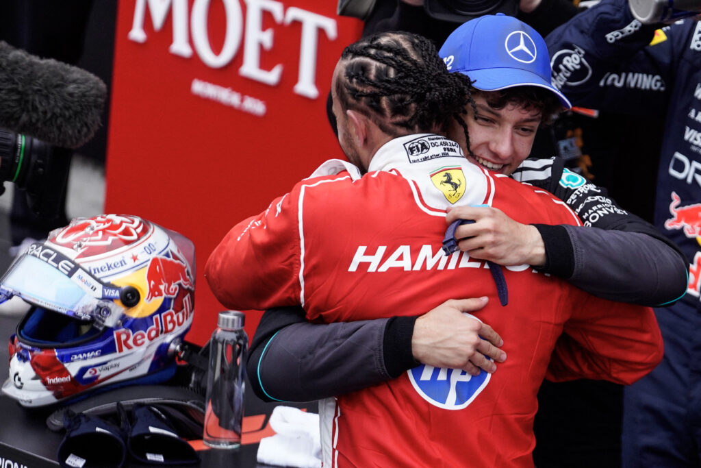 Ferrari driver Lewis Hamilton embraces Mercedes driver Kimi Antonelli after the Canadian Grand Prix.