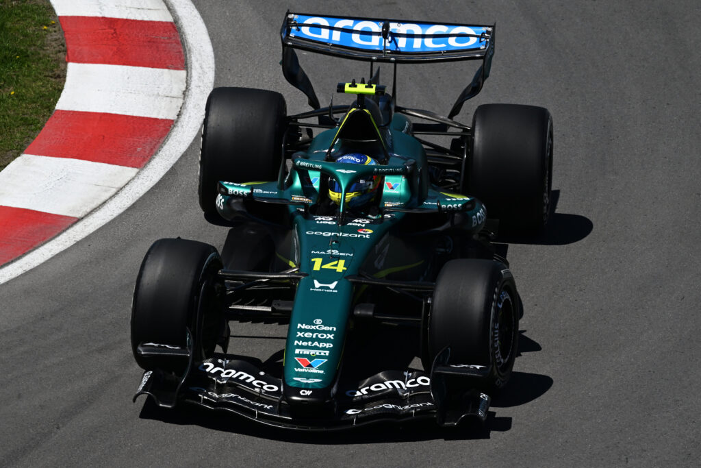 Aston Martin driver Fernando Alonso driving during FP1 at the Canadian Grand Prix.