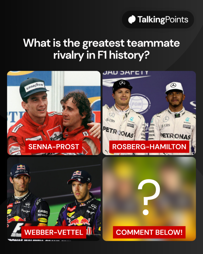 TalkingPoints graphic featuring Ayrton Senna and Alain Prost, Nico Rosberg and Lewis Hamilton, Mark Webber and Sebastian Vettel, and Lando Norris and Oscar Piastri (blurred)