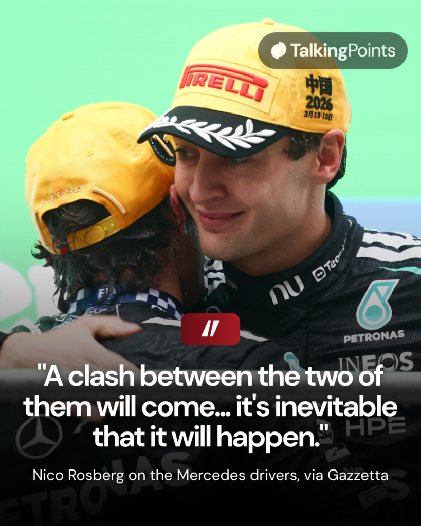 George Russell and Andrea Kimi Antonelli of Mercedes at the podium after the Formula 1 Chinese Grand Prix at Shanghai International Circuit in Shanghai, China on March 15, 2026.