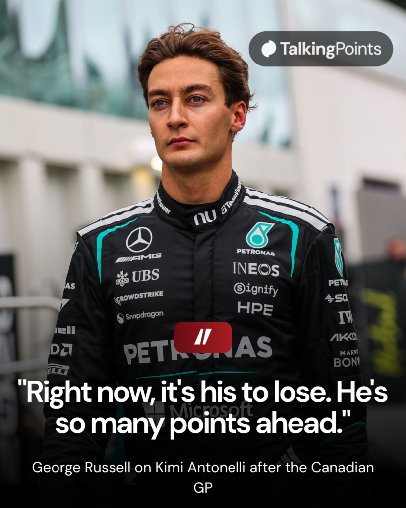 George Russell of Mercedes walks in the F1 paddock after retiring from the Canadian Grand Prix