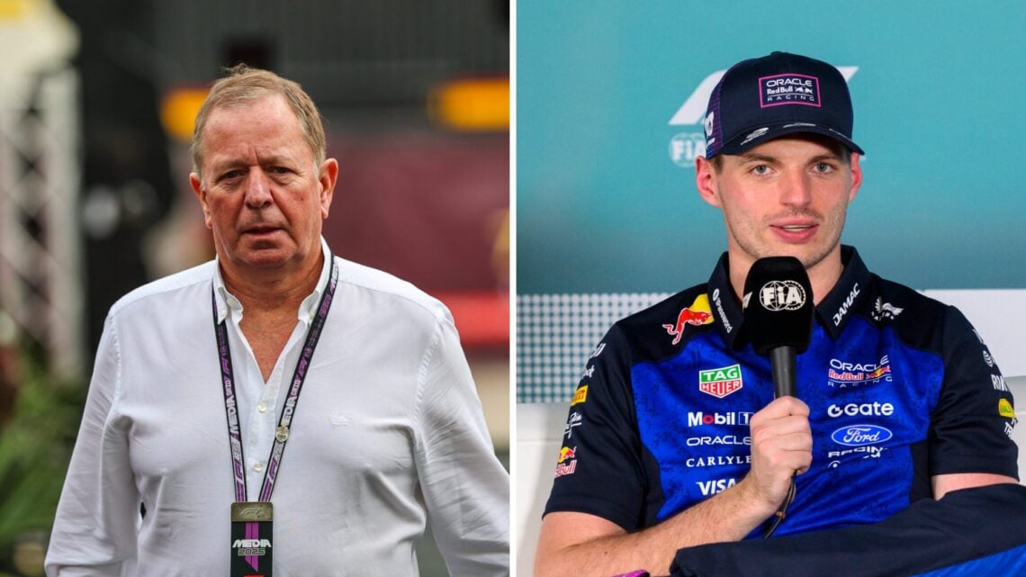 Martin Brundle walks in the F1 paddock; Max Verstappen of Red Bull speaks in a press conference
