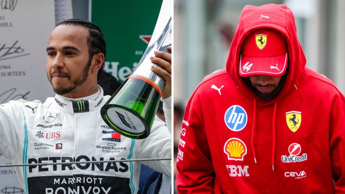 Lewis Hamilton celebrates on the F1 podium for Mercedes; Hamilton walks with his hood up in Ferrari gear
