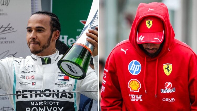 Lewis Hamilton celebrates on the F1 podium for Mercedes; Hamilton walks with his hood up in Ferrari gear