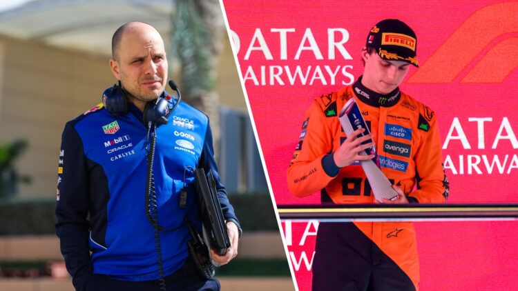 Gianpiero Lambiase of Red Bull walks in the F1 paddock; Oscar Piastri of McLaren on the podium