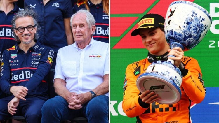 Laurent Mekies of Red Bull next to Helmut Marko; Oscar Piastri of McLaren on the podium