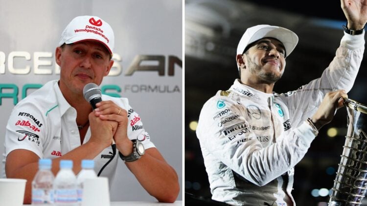 Michael Schumacher of Mercedes announces his retirement; Lewis Hamilton celebrates winning the 2015 F1 title