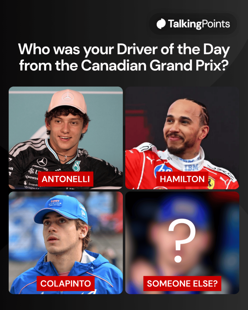 A graphic of Kimi Antonelli, Lewis Hamilton, Franco Colapinto and Max Verstappen as Canadian Grand Prix driver of the day candidates