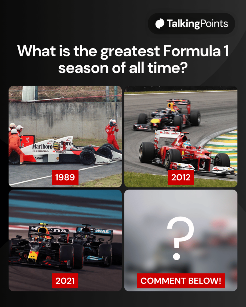 A graphic depicting the Formula 1 title battles in 1989, 2012 and 2021