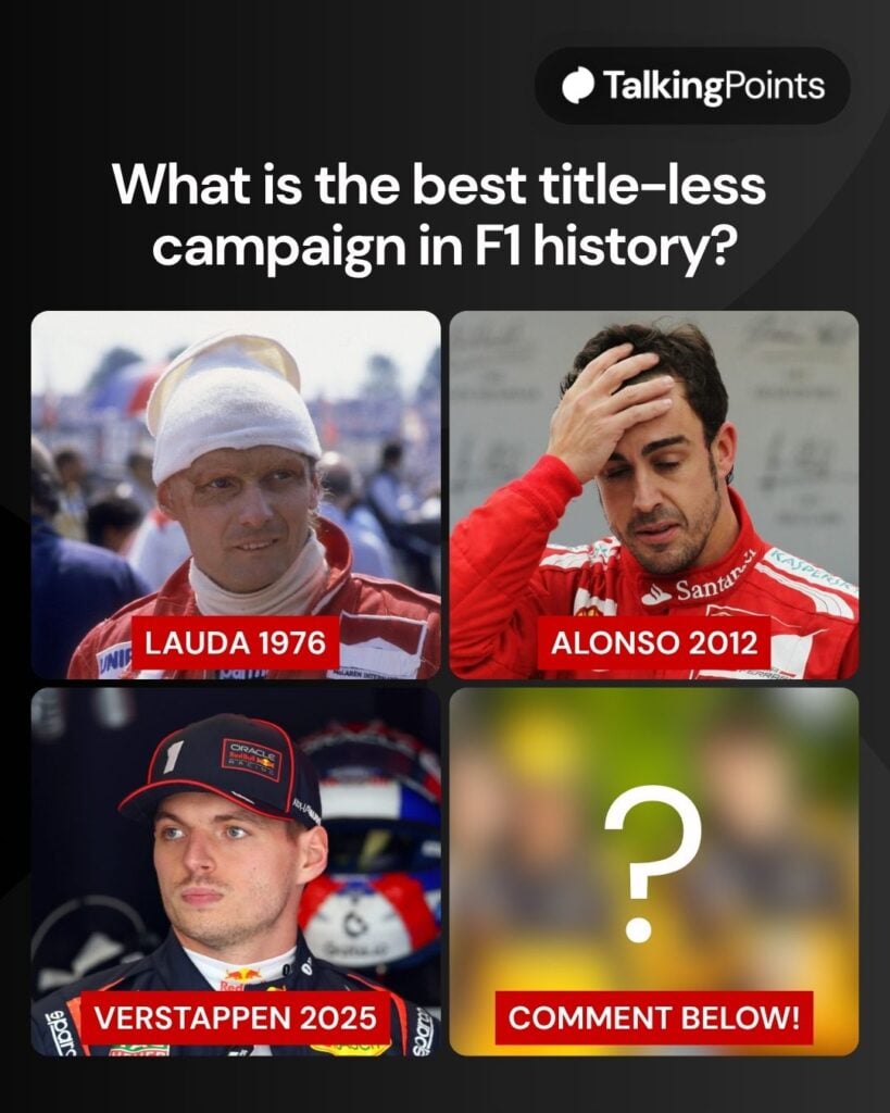 Niki Lauda with his fireproof balaclava on top of his head, Fernando Alonso with his head in his hand in Ferrari gear, and Max Verstappen standing in Red Bull's garages.
