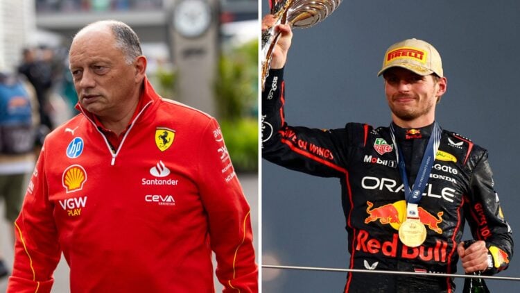 Fred Vasseur of Ferrari walks in the F1 paddock; Max Verstappen of Red Bull celebrates on the podium