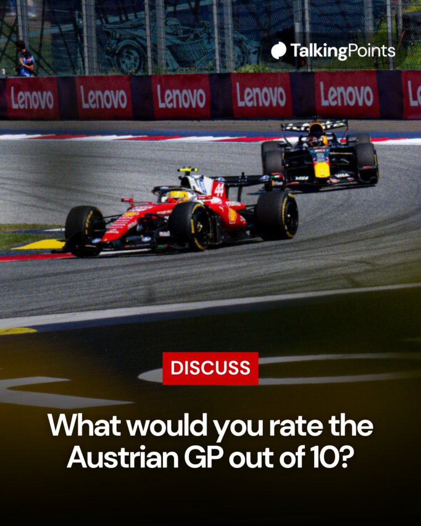 A graphic showing Lewis Hamilton and Max Verstappen battling for position at the 2026 Austrian Grand Prix with a caption that reads, "What would you rate the Austrian GP out of 10?"