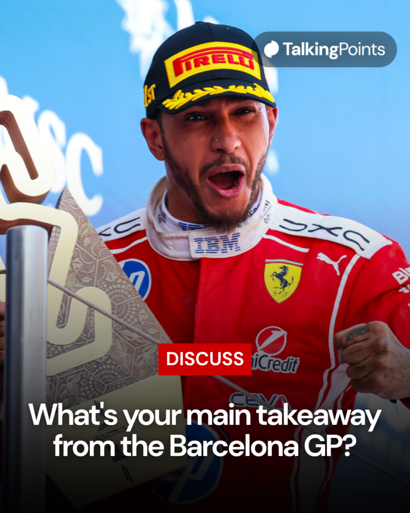 Lewis Hamilton celebrates on the podium of the Barcelona Grand Prix