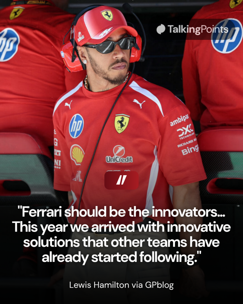 Lewis Hamilton of Ferrari at the 2026 Formula 1 Spanish Grand Prix featuring a Hamilton quote from GPblog that reads, "Ferrari should be the innovators... This year we arrived with innovative solutions that other teams have already started following."