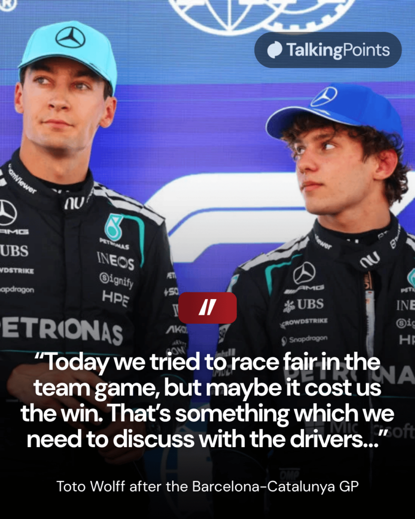George Russell and Kimi Antonelli of Mercedes in parc ferme at the Barcelona Grand Prix