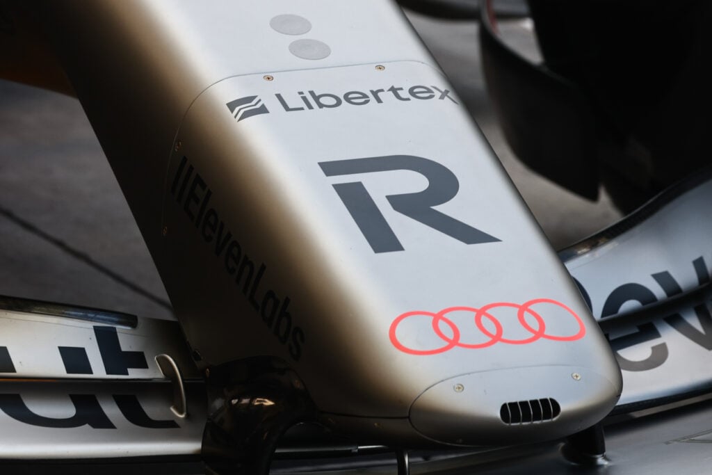 The front of the Audi R26 pictured during 2026 pre-season testing in Bahrain
