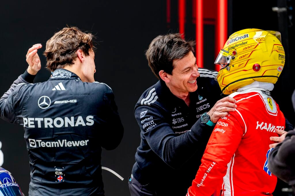 Mercedes CEO Toto Wolff congratulates Ferrari driver Lewis Hamilton on his P3 in the 2026 F1 Chinese Grand Prix