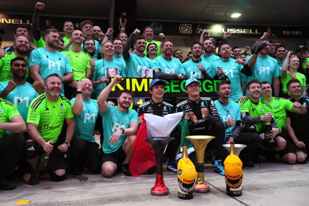 Kimi Antonelli and George Russell of Mercedes celebrate at the Chinese Grand Prix