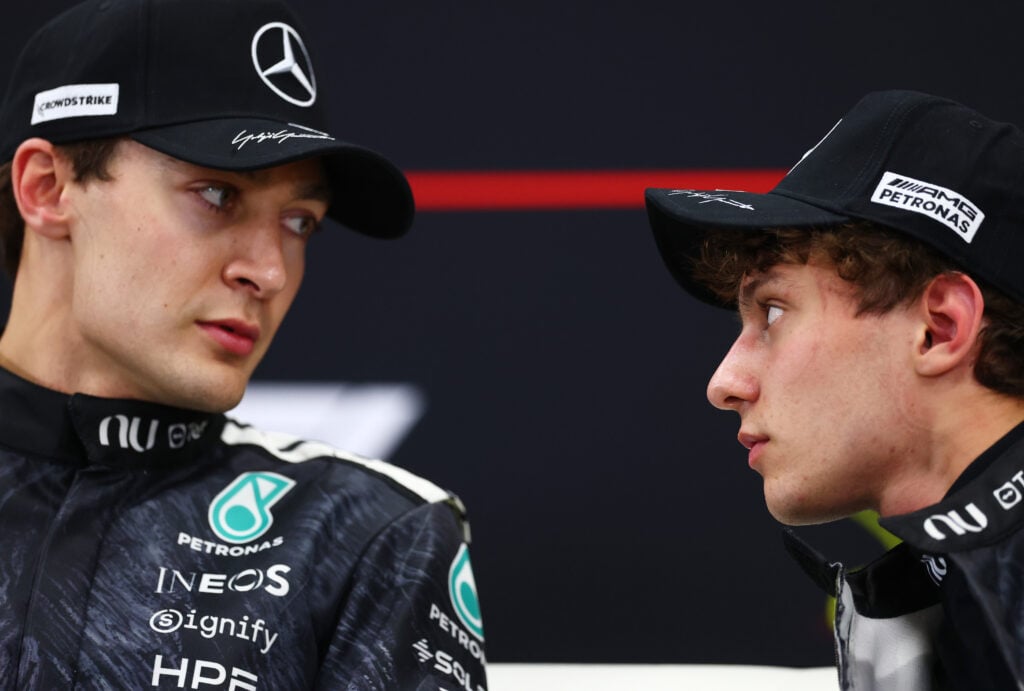 Mercedes drivers George Russell and Kimi Antonelli at a press conference at the 2026 Japanese Grand Prix