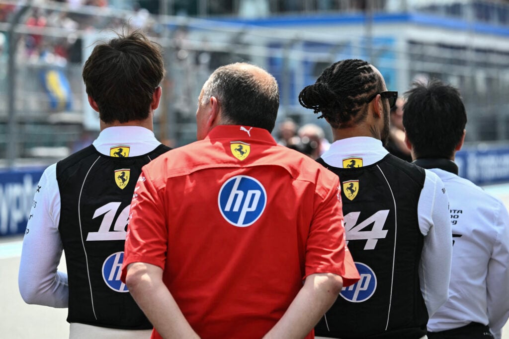 Ferrari drivers Charles Leclerc and Lewis Hamilton, along with team principal Fred Vasseur at the Miami Grand Prix.