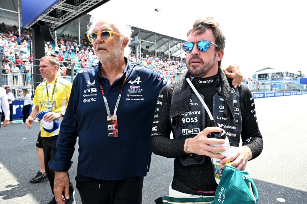 Flavio Briatore, Alpine's executive advisor and Fernando Alonso of Aston Martin at the Miami Grand Prix.